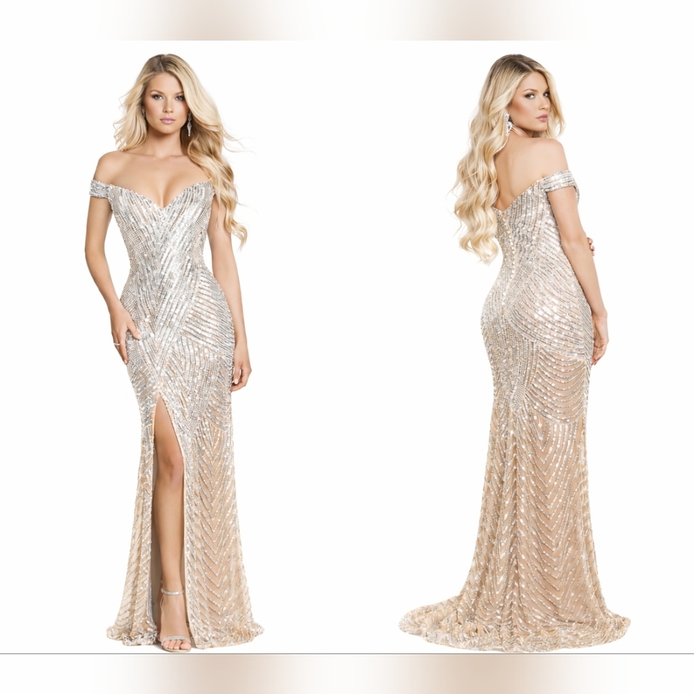 Portia And Scarlett Sequined Evening Gown in Champagne and Silver NWT Size 12